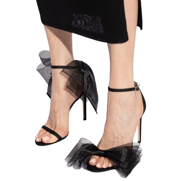 Jimmy Choo Aveline 100 Black Sandal Grosgrain Mesh Fasincator Bow Size 39 - Picture 1 of 16